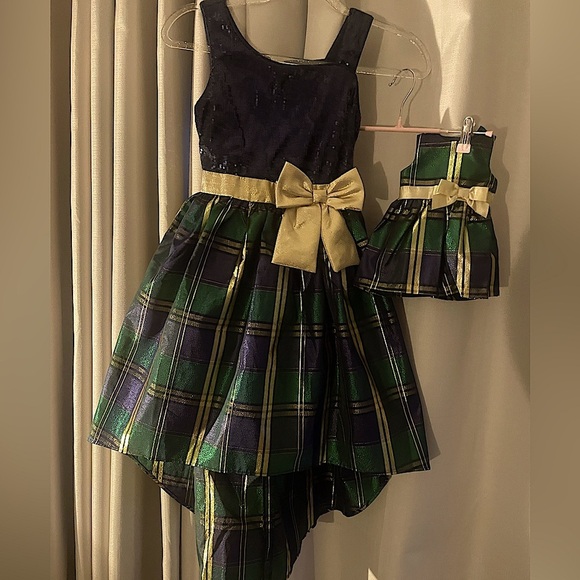 Bonnie Jean Girls (12) Navy Plaid Hi-Low Party Dress with Matching Doll Dress - Picture 1 of 15